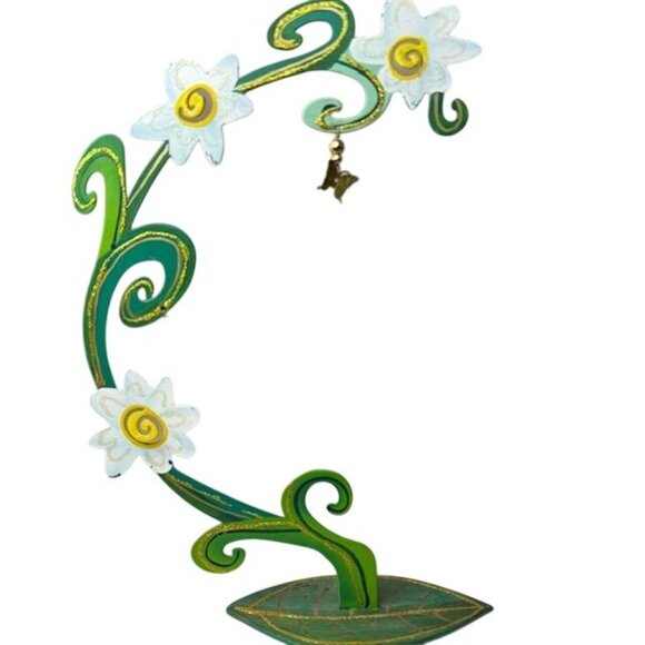 Handcrafted Green & White Floral Metal Sculpture With Dragonfly Accents By Rossi - Picture 5 of 7